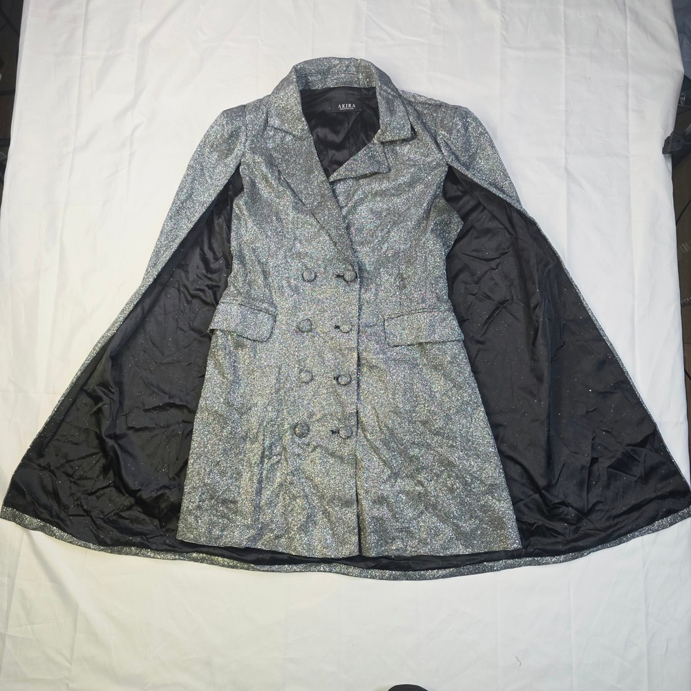 Akira Women's Cape Cloak Coat Large Silver Metallic Glitter Blazer P74